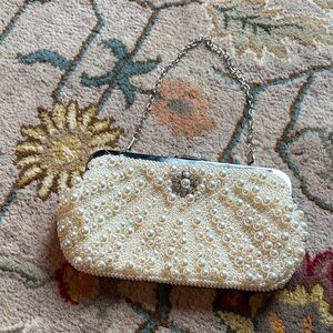 Amazon Pearl-Embellished Cream Clutch